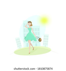 
Cute girl in a turquoise dress with a handbag walks around the city. The concept of a walk after work. Vector illustration in flat style.