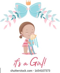 Cute girl in the tutu pask hugs her stitched rabbit toy
