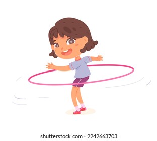 Cute girl twirling hula hoop around waist vector illustration. Cartoon isolated active cute kid training with toy ring, spin movement, sport exercise and gymnastic workout for health of little person