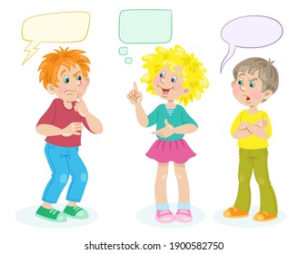 A cute girl and two boys are talking. Dialogue with speech bubbles. Place for text. In cartoon style. Isolated on white background. Vector flat illustration.