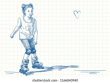 Cute girl with two hair buns is skating on rollers, Blue pen sketch on square grid notebook page, Hand drawn vector illustration