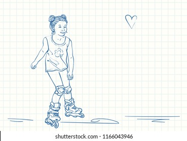 Cute girl with two hair buns is skating on rollers, Blue pen sketch on square grid notebook page, Hand drawn vector linear illustration
