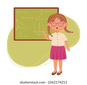 Cute girl with two pigtails learning at school vector illustration. Child answers math at the blackboard at school. Daily routine. Schedule. Illustration on abstract background