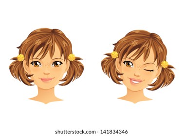 Cute girl with two ponytails winking and smiling