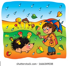 Cute girl with an umbrella is giving  mushrooms to the hedgehog. Colored vector for card or gift. 