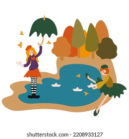 Cute girl and umbrella are sitting in puddle   playing and origami paper toys  Beautiful Autumn time  outdoor fun for kids  Card poster banner idea for kids room 