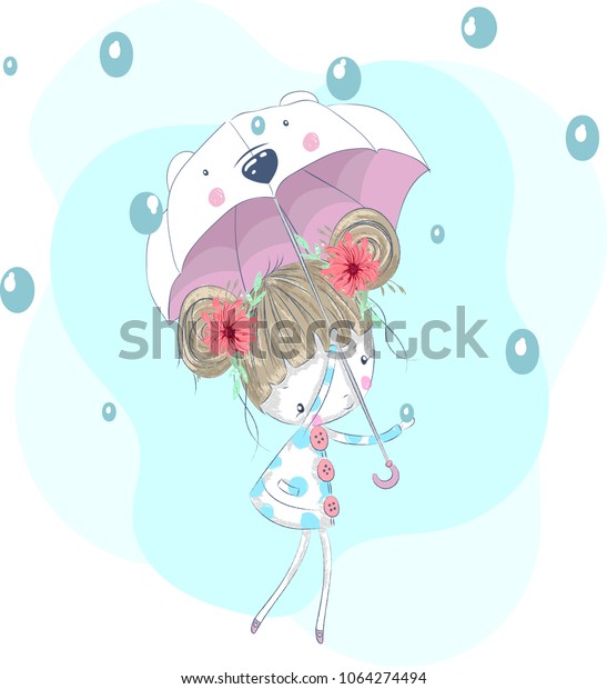 Cute Girl Umbrellacartoon Hand Drawn Vector Stock Vector (Royalty Free ...