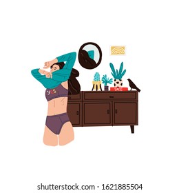 cute girl undressing, getting ready for bed or going to work. A woman takes off her jacket, in underwear against  background of Scandinavian-style interior. Start of working day, everyday life vector