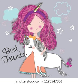 Cute girl with a unicorn cartoon character girl illustration with pink hair cloud star heart background