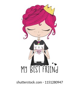 Cute girl with unicorn cat vector design.Book illustrations for children. My best friend slogan.