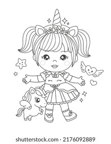 Cute girl in unicorn costume coloring page