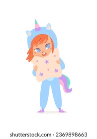 Cute girl in unicorn costume vector illustration. Cartoon isolated happy kid in funny blue suit with horn and tail holding pillow for sleepover fight or pajama party, child in carnival kigurumi