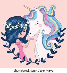 Cute girl with unicorn vector illustration for kids, prints, greeting cards, textile artworks, t shirts.