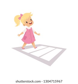 Cute Girl Using Cross Walk to Cross Street, Traffic Education, Rules, Safety of Kids in Traffic Vector Illustration