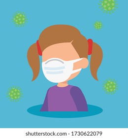 cute girl using face mask with particles covid 19 vector illustration design