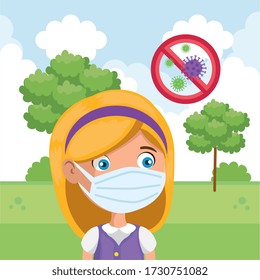 cute girl using face mask in landscape vector illustration design