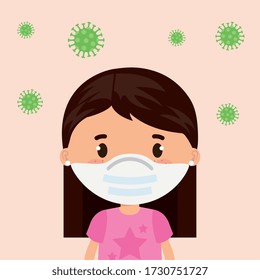 cute girl using face mask with particles covid 19 vector illustration design