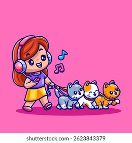 Cute Girl Using Headphone Walking Together With Cat Cartoon Vector Icon Illustration. People Animal Icon Concept Isolated Premium Vector. Flat Cartoon Style