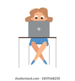 Cute Girl Using Laptop Computer at Desk, Front View, Online Education or Courses, Kid Programmer Character Cartoon Style Vector Illustration