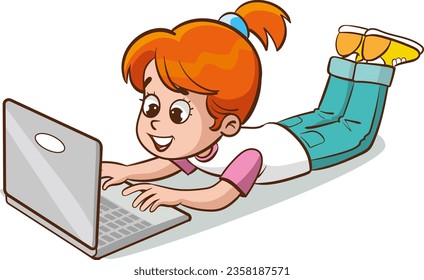 Cute girl using laptop and sitting on floor. Flat vector illustration