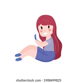 cute girl using smartphone cartoon isolated white background vector illustration