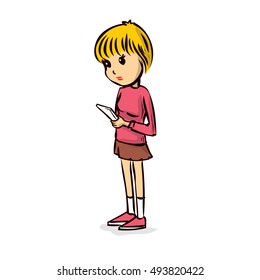 Cute girl using a smartphone. Hand drawn cartoon vector illustration.