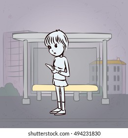 Cute girl using a smartphone. Hand drawn cartoon vector illustration.