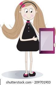 Cute girl using a  touch-pad tablet portable computer. Vector illustration
