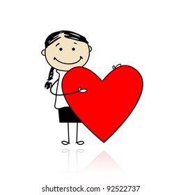 Cute girl with valentine heart, place for your text