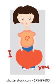 Cute girl with valentine heart for your design. haircut caret. Girl-teenager in jeans and a t-shirt. Valentine's card. Kid vector illustration