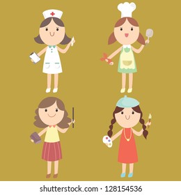 Cute girl in a variety of jobs (nurse, chef, teacher, artist) Cartoon vector illustration