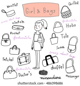 Cute girl with various fashion bags. Set of bags such as duffel, clutch, saddle, satchel, tote, hobo bag, messenger bag. Vector illustration. Handbag collection. 