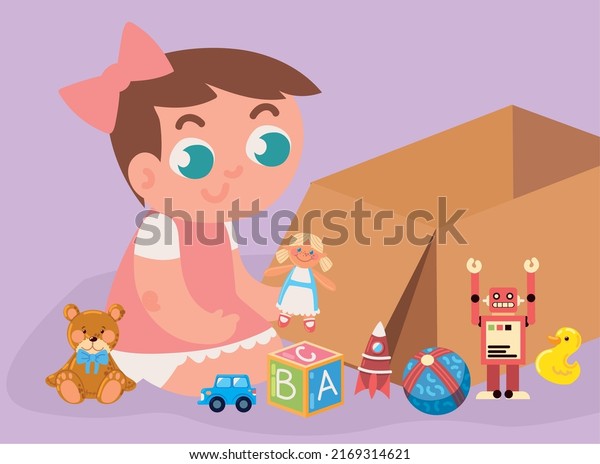 cute girl with various\
toys and box