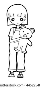 cute girl vector in black line on white background,black line illustration of a young girl character with the bear doll