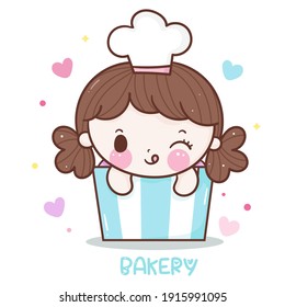 Cute Girl Vector Chef Cartoon In Cupcake Kawaii Bakery Shop Logo For Kid Dessert Homemade Food: Series Sweet Cooking, Girly Doodle. Magic Character On White Background Illustration. Perfect Design.