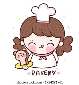 Cute girl vector Chef cartoon holding bear bread Kawaii bakery shop logo for kid dessert homemade food: Series Sweet cooking, Girly doodle. Magic character on white background illustration. Perfect.