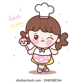 Cute girl vector Chef cartoon greeting holding spoon Kawaii bakery shop logo for kid dessert homemade food: Series Sweet cooking, Girly doodle. Magic character on white background illustration.