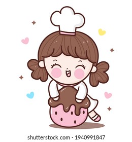 Cute girl vector Chef cartoon hug strawberry cooking bakery shop logo for kid dessert homemade food kawaii character: Series Sweet cooker, Girly doodle. Illustration on white background. Perfect.