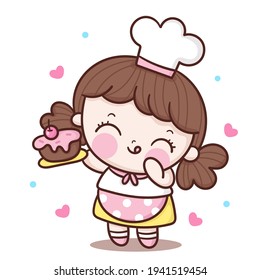 Vector de chica linda Caricatura del chef sosteniendo el logotipo de la pastelería de cumpleaños de la panadería de cocina para el postre infantil comida casera personaje kawaii: La serie "Cocina dulce", "garrapata". Ilustración sobre fondo blanco. 