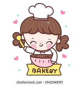 Cute Girl Vector Chef Cartoon Holding Spoon And Bake Kawaii Bakery Shop Logo For Kid Dessert Homemade Food: Series Sweet Cooking, Girly Doodle. Magic Character On White Background Illustration. 