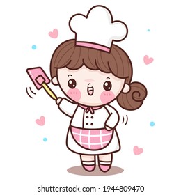 Cute girl vector Chef cartoon kawaii bakery shop logo for kid dessert homemade food: Series Sweet cooking, Girly doodle. Magic character on white background illustration. Perfect design for fashion.