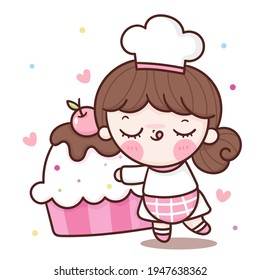 Cute girl vector Chef cartoon hug birthday cake kawaii bakery shop logo for kid dessert homemade food: Series Sweet cooking, Girly doodle. Magic character on white background illustration. Perfect.