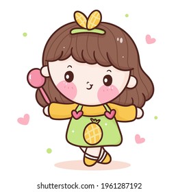 Cute girl vector Chef cartoon with spoon wear pineapple dress kawaii food shop logo for kid dessert homemade: Series Sweet cooking, Girly doodle. Magic character on white background illustration.