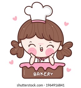 Cute Girl, Vektorgrafik des Chefkochs auf Kuchen kawaii Bäckerei Logo für die hausgemachte Kindernahrung: Serie Süßes Kochen, Girly Doodle. Magischer Charakter auf weißem Hintergrund, Vektorgrafik. Perfektes Design.