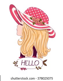 Cute girl vector design.Book illustrations for children.Romantic hand drawing poster.Cartoon character.Hello slogan.