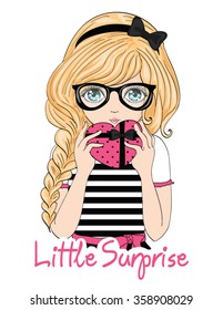 Cute girl vector design.cartoon character.Little surprise slogan.