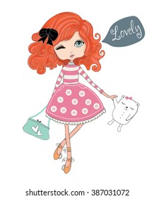 Cute girl vector design.Children illustration for School books and more.Romantic hand drawing poster.Cartoon character.