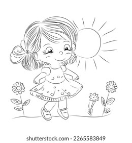 Cute girl vector design.Romantic hand drawing illustration. Poster of cute curly hair girl.Cartoon pretty character. Beauty graphic. Smiling child.