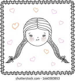 Cute girl vector doodle frame heart