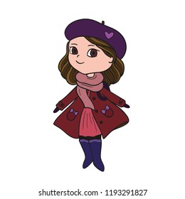Cute girl vector drawing isolated on white background. Fashion illustration. Little female in brown coat. Autumn outfit: trench, boots, beret. French style. Book, game, site, print, education.